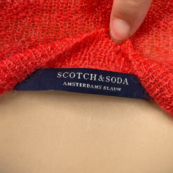 Scotch & Soda Coral Red Loose Knit Lightweight Fuzzy Mohair Cardigan SZ S/M - Picture 9 of 9